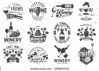 Set of wine company badge, sign or label. Vector illustration. Vintage design for winery company, bar, pub, shop, branding and restaurant business. Coaster for wine glasses