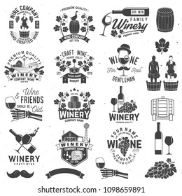 Set of wine company badge, sign or label with design element. Vector illustration. Vintage design for winery company, bar, pub, shop, branding and restaurant business. Coaster for wine glasses