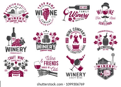 Set of wine company badge, sign or label. Vector illustration. Vintage design for winery company, bar, pub, shop, branding and restaurant business. Coaster for wine glasses