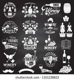 Set of wine company badge, sign or label with design element on the chalkboard. Vector. Vintage design for winery company, bar, pub, shop, branding and restaurant business. Coaster for wine glasses