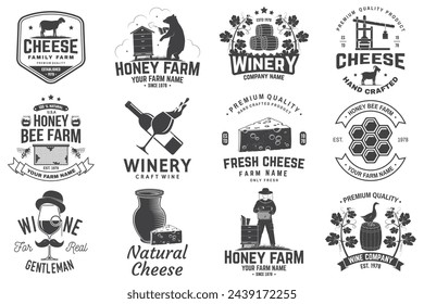 Set of wine company, cheese family, honey bee farm badge design. Template for logo, branding design with block cheese, glass of wine, bottle, milk farm. Vector illustration. Hand crafted product