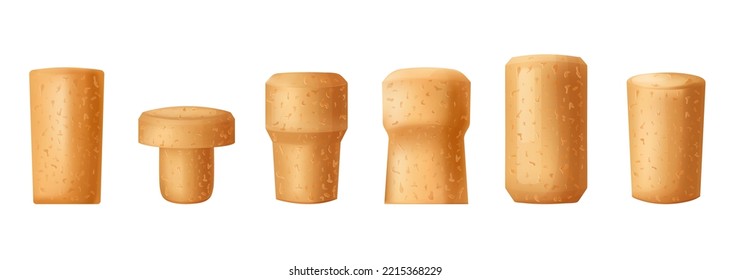 Set wine cork stopper, wooden textured cartoon style. Corkwood plug with grape bunch. Vector illustration on white background.