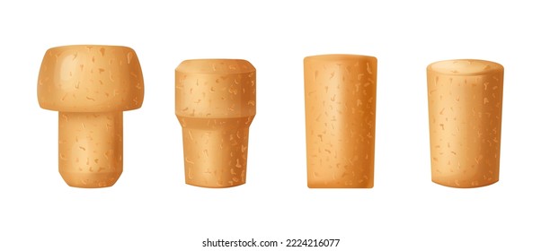 Set wine cork stopper, wooden textured cartoon style. Corkwood plug with grape bunch. Vector illustration on white background.