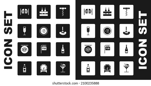 Set Wine corkscrew, Alcohol 18 plus, Glass of champagne, Saloon door, Pickled cucumber fork, Pack beer bottles, Champagne and Street signboard with Bar icon. Vector