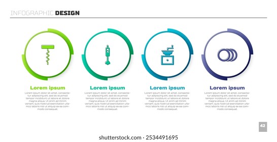 Juego de sacacorchos de vino, licuadora, molinillo de café manual y placa. Plantilla de infografía de negocios. Vector