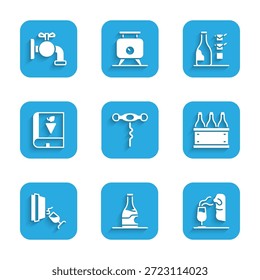 Definir o saca-rolhas de vinho, Garrafa de vinho, Sommelier, Caixa de garrafas, degustação, degustação, Livro sobre uvas e Tap para ícone de barril. Vetor