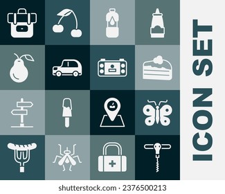 Set Wine corkscrew, Butterfly, Piece of cake, Bottle water, Car, Pear, Hiking backpack and Portable video game console icon. Vector