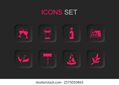 Set Wine corkscrew, Carnival mask, glass, Slice of pizza, Coliseum, Olives branch, Bottle wine and Gondola boat icon. Vector