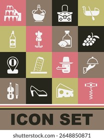 Set Wine saca-rolhas, Coberto com bandeja de comida, Uva fruta, Bolsa, Manequim, Garrafa azeite, Coliseu Roma e Limoncello ícone garrafa. Vetor