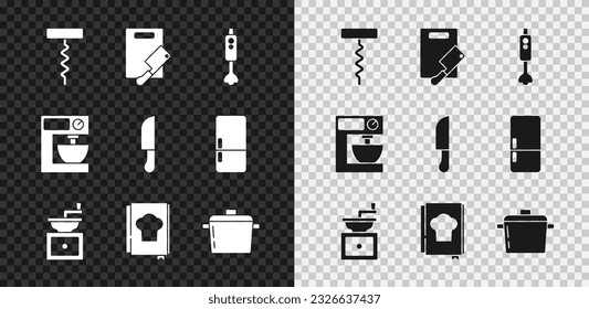 Set Wine corkscrew, Cutting board and meat chopper, Blender, Manual coffee grinder, Cookbook, Cooking pot, Electric mixer and Knife icon. Vector