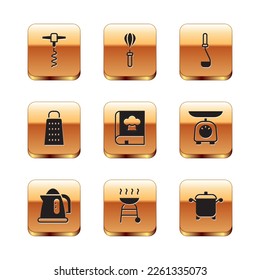 Set Wine corkscrew, Electric kettle, Barbecue grill, Cookbook, Grater, Kitchen ladle, Cooking pot and whisk icon. Vector