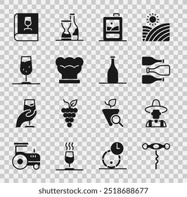 Set Wine corkscrew, Farmer the hat, Bottles of wine, Cardboard box, Chef, glass, Book about and  icon. Vector