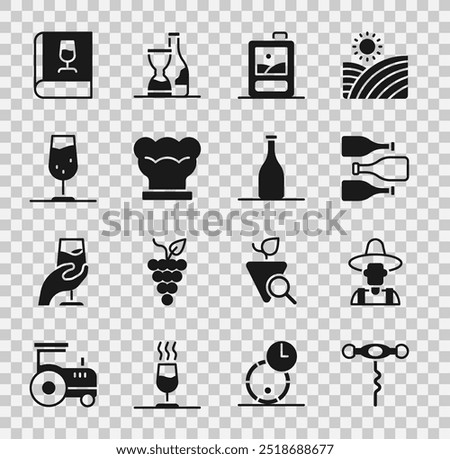 Set Wine corkscrew, Farmer the hat, Bottles of wine, Cardboard box, Chef, glass, Book about and  icon. Vector