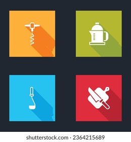 Set Wine corkscrew, French press, Kitchen ladle and Cutting board and knife icon. Vector