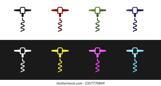Set Wine corkscrew icon isolated on black and white background.  Vector