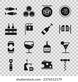 Set Wine corkscrew, Martini glass, Saloon door, Street signboard with Bar, Pack of beer bottles, Dried fish and Opened wine icon. Vector