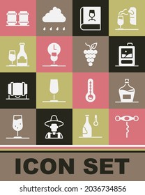 Set Wine corkscrew, Old bottle of wine, Cardboard box, Book about, time, with glass, Wooden barrel for and Bunch grapes icon. Vector