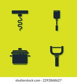 Set Wine corkscrew, Peeler, Cooking pot and Spatula icon. Vector
