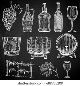 Set of wine design element on dark grunge background. Wood barrels, wine bottles, glasses, grape. Vector illustration