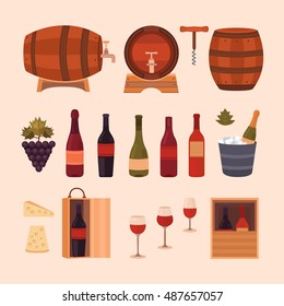 Set of wine design elements: different bottles, barrels of wine, glasses, cheese, grape and corkscrew. Vector collection icons winemaking business. Background for labels, tags, packaging, brochures.