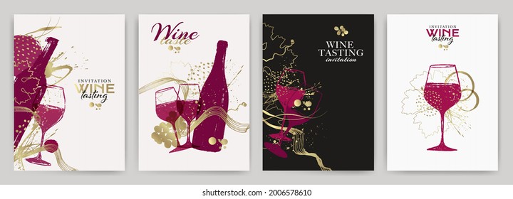 set of wine designs with illustration of wine glass and ornamental shapes. Elegant background for wine promotions and events, Christmas card, toasts and celebrations. Hand drawn vector drawing