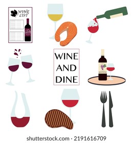Set of wine and dine elements. Collection of wine restaurant object including wine list, glass, carafe, wine splash, cutlery