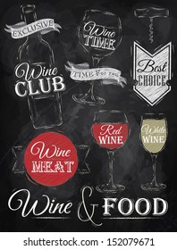 Set of wine elements bottle, glass, corkscrew, label in retro style drawing with chalk on chalkboard background.