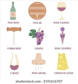 Set of wine elements. Collection of wine logo elements including wine bottle, cellar barrel, glass, corkscrew, grape vine, wine stopper, carafe and cheese