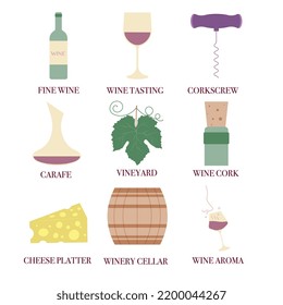 Set of wine elements. Collection of wine logo elements including wine bottle, cellar barrel, glass, corkscrew, grape vine, wine stopper, carafe and cheese