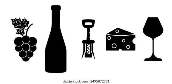 Set of wine elements. Wine illustration bottle, glass, cheese and corkscrew silhouettes. Vector icons