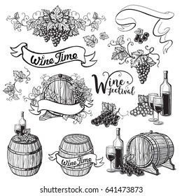 Set of wine emblems in graphic style hand-drawn vector illustration