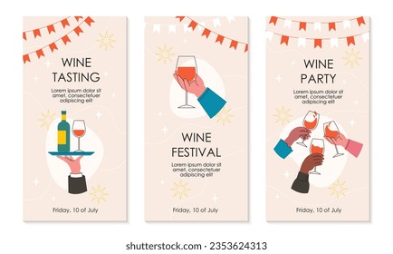 Set of Wine Events flyers templates. Hands holding different wineglasses and cheering. Waiter's hand holds a tray with a bottle of wine and a wineglass. Flat style vector design