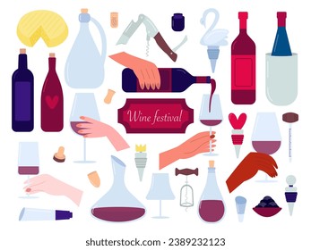 Set of wine festival stickers. Hands with glasses of red wine, bottles, wine tasting, decantor, corkscrew, corks, wineglasses vector set.