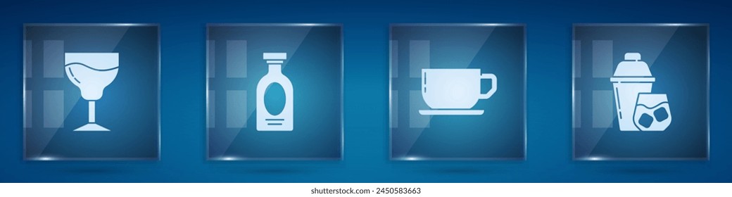 Set Wine glass, Alcohol drink Rum, Coffee cup and Cocktail shaker. Square glass panels. Vector