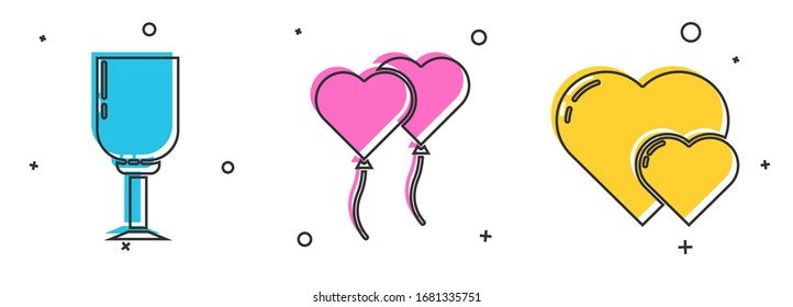 Set Wine glass, Balloons in form of heart and Heart icon. Vector