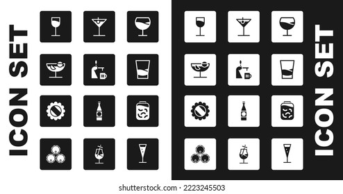 Set Wine glass, Beer tap with, Cocktail, Glass of vodka, Martini, Pickled cucumbers jar and Bottle cap icon. Vector