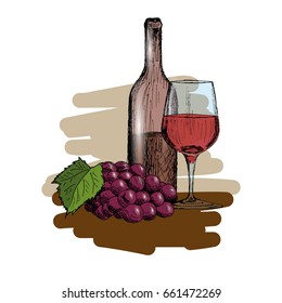 A set of wine. A glass, a bottle and a bunch of grapes Vintage Hand Drawn Sketch Vector illustration