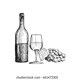 A set of wine. A glass, a bottle and a bunch of grapes Vintage Hand Drawn Sketch Vector illustration