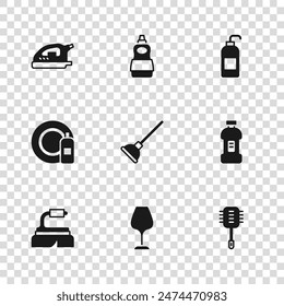 Set Vidrio de vino, botella para detergente, cepillo de inodoro, émbolo de goma, jabón antibacteriano, plancha eléctrica, botella de líquido lavavajillas e icono de placa. Vector