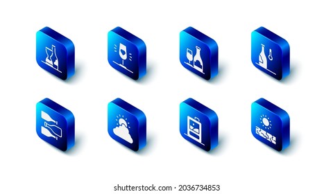 Set Wine glass, bottle with, temperature, Drought, Cardboard box of wine, Sun and cloud weather, Bottles and  icon. Vector