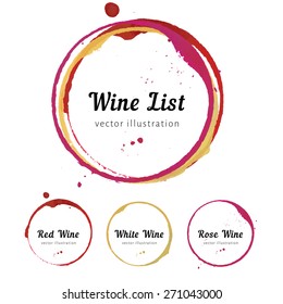 Set of wine glass bottom stain circles  for wine list logo design. Vector isolated wine stain rings. Red white watercolor mug marks. Circle stains for wine card, logo, list, menu. 