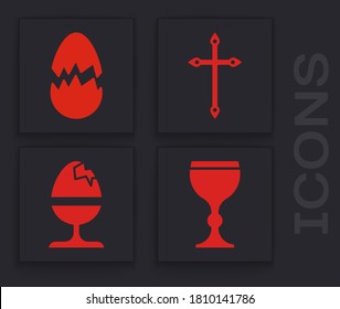 Set Wine glass, Broken egg, Christian cross and Chicken egg on a stand icon. Vector