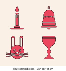 Set Wine glass, Burning candle in candlestick, Ringing bell and Easter rabbit icon. Vector