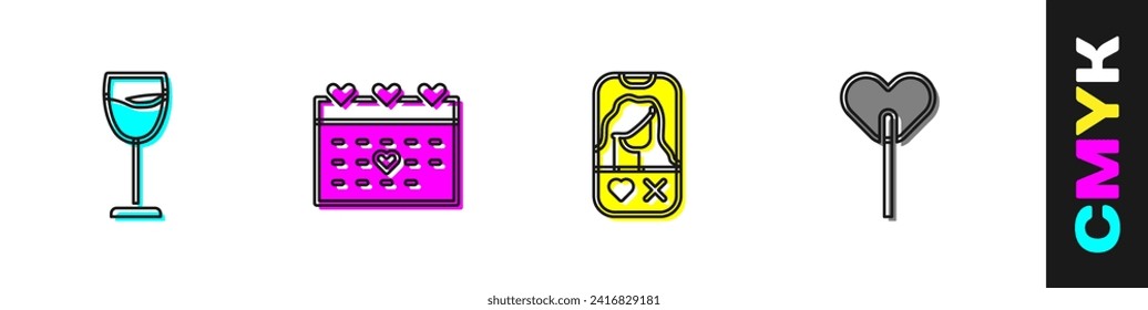 Set Wine glass, Calendar with heart, Dating app online and Lollipop icon. Vector
