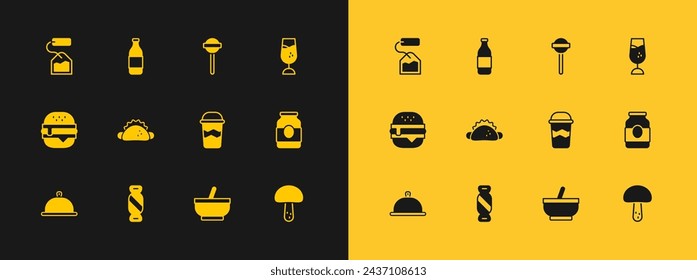 Set Wine glass, Candy, Coffee cup to go, Mortar pestle, Taco with tortilla, Lollipop, Tea bag and Bottle wine icon. Vector