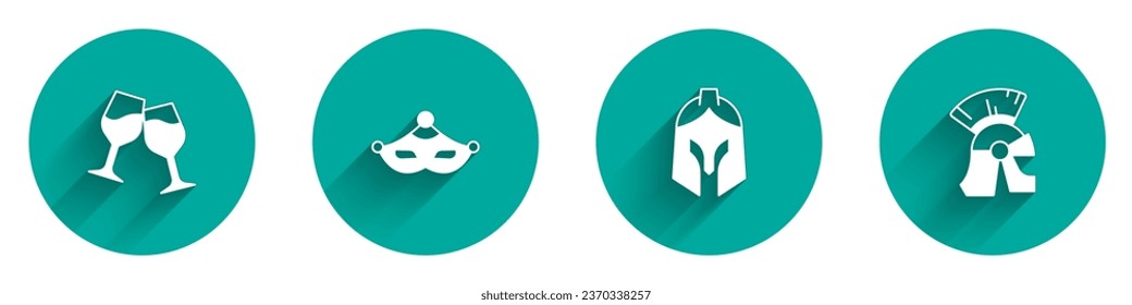 Set Wine glass, Carnival mask, Roman army helmet and  icon with long shadow. Vector