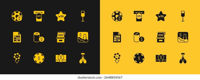 Set Wine glass, Casino chip with dollar, Slot machine, Stacks paper money cash, win, Football betting and Automated teller and icon. Vector