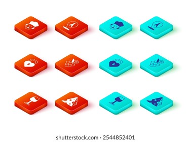 Set Wine glass, Cheese, Castle the shape of heart, Grape fruit, Eiffel tower and Cook icon. Vector