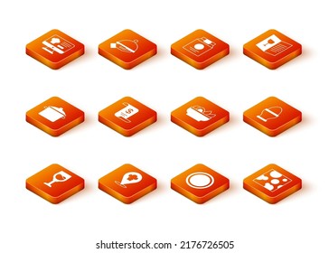 Set Weinglas, Kochmütze mit Lage, Kochtopf, Papier oder Finanzkontrolle, Plate, Nachos Teller, Käse und Hühnereier Stehsymbol. Vektorgrafik
