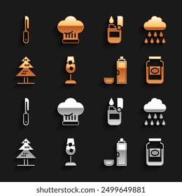 Set Wine glass, Cloud with rain, Jam jar, Thermos container, Tree, Lighter, Knife and Chef hat icon. Vector